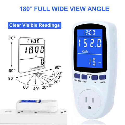 Power Meter Plug For Home Energy Monitoring With Backlit Display Tracks Watts Kilowatt Hours Volts Amps Hertz Power Factor Cost And Time Min Max Power 7 Display Modes Overload Protection, front view