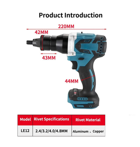 High Power Brushless Electric Rivet Nut Gun Kit With Automatic Riveter Heads shown with rivet specifications and dimensions.