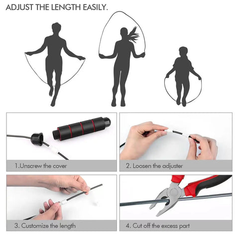Steps to adjust the Adjustable Jump Rope With No Tangle Fast Ball Bearings for Men Women and Kids Durable Steel Wire Coated Rope.