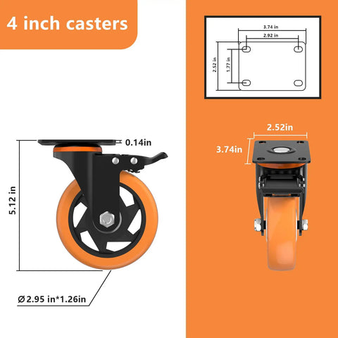 4 Inch Caster Wheels dimensions with orange polyurethane tires and steel mounting plate for heavy-duty use.