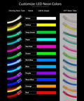 LED neon color options for customization featuring glowing and off neon tubes. Colors include white, yellow, green, aqua, pink, blue, and red.