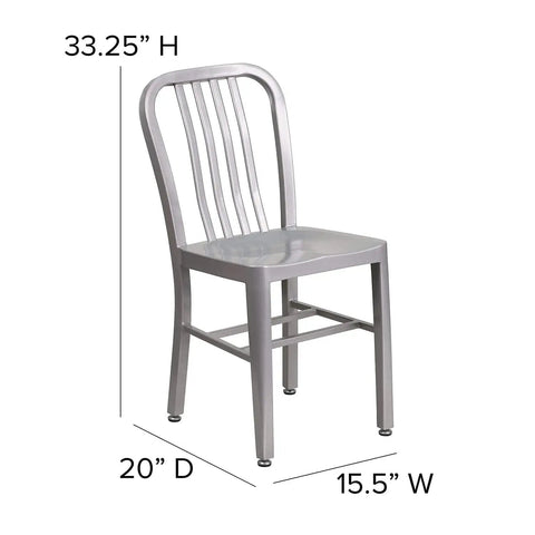 Gael Indoor Outdoor Modern Metal Dining Chairs Set of 2 For Restaurants and Homes with dimensions shown, sleek silver finish