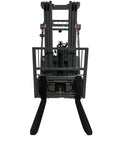 Heavy Duty Electric Pallet Stacker 197 Inch Lift Height 6600 Lb Capacity Four Wheel Industrial Material Handler rear view with forks.
