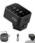 X3C TTL Wireless Flash Trigger For Canon With OLED touchscreen, compact design, case, USB-C cable, mounted on camera
