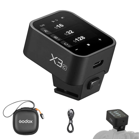 X3C TTL Wireless Flash Trigger For Canon With OLED touchscreen, compact design, case, USB-C cable, mounted on camera