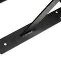 Close-up of Heavy Duty 14 Inch By 14 Inch Countertop Brackets That Mount To Walls Right Angle Shelf Supports, solid black iron