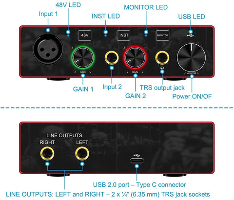 Front and back view of 2x2 USB Audio Interface With Mic Preamplifier And 48V Phantom Power For Studio Quality Recording