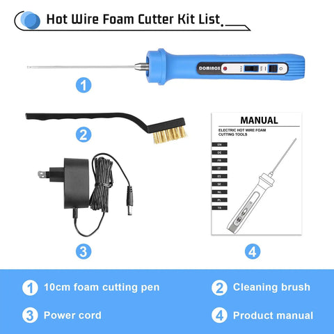 Dominox Electric Hot Wire Foam Cutter 4 Inch Styrofoam Hot Knife Pen Tool with cleaning brush, power adapter, and manual