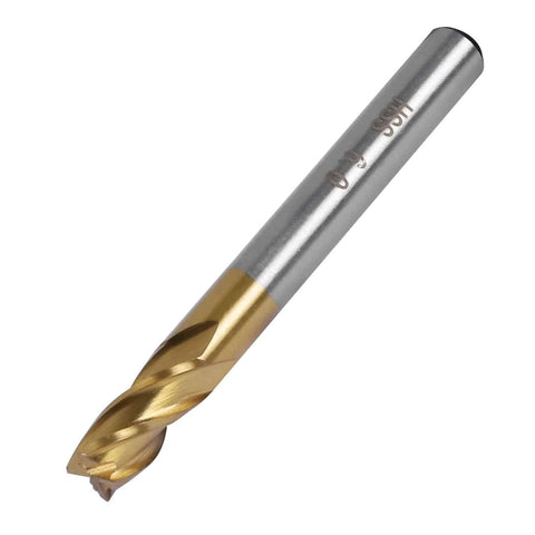Carbide end mill bit, close-up view, titanium-coated, 4-flute, 1/4 in shank