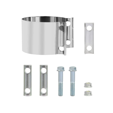 Beefy Stainless 5 Inch Exhaust Band Clamp Butt Joint Sleeve Coupler For Mufflers And Exhaust Pipe 2 Pack showing components