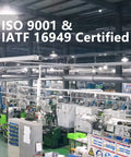 Industrial manufacturing facility with ISO 9001 and IATF 16949 certification banner above machinery and equipment.