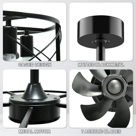 Close-up of 20 Inch Black Caged Ceiling Fan With Light Remote Included Industrial Fandelier For Kitchen Bedroom And Outdoor Use Farmhouse Style With 3 Speed Timer Low Key Copper Motor showing details like caged design and metal motor.