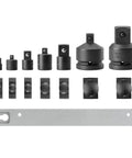 1/4 To 3/4 Inch Drive Impact Adapter And Reducer Set With Rail, 7-Piece For Automotive And Workshop Use, displayed with adapters