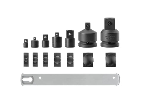 1/4 To 3/4 Inch Drive Impact Adapter And Reducer Set With Rail, 7-Piece For Automotive And Workshop Use, displayed with adapters
