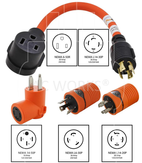 6-50 Welder Adapter Kit For Generators And Welders L14-30P To 6-50R Conversion, showing orange locking plugs.