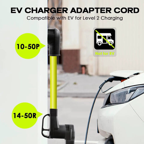 Rock Solid 50 Amp Ev Charger Adapter Cord Converts Nema 10 50P Male To 14 50R Female Outlet For Level 2 Electric Vehicle Charging, showcased with a yellow cord.