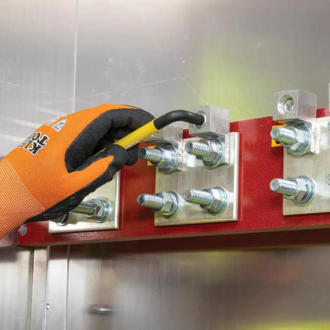 Person using Color Coded Hex Key Wrench Set With Long Arm L Style And Ball End SAE And Metric 18 Piece Kit for tightening bolts
