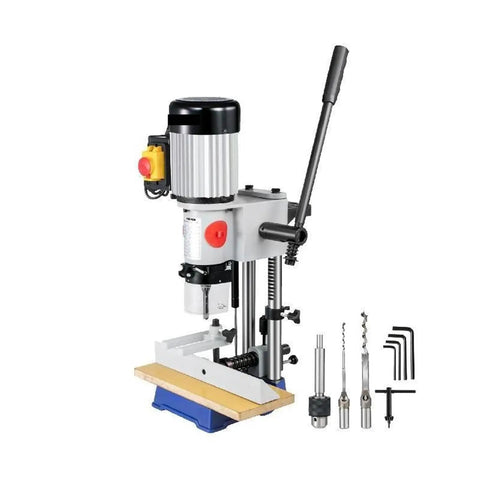 Beefy Benchtop Mortiser With Slick All Copper Motor And Sturdy Steel Arm for precise cuts in wood, includes tenon cutter set.