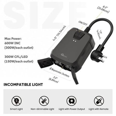 2 In 1 Outdoor Smart Dimmer Plug With Dual Outlets For Outdoor String Lights, 600W Total, 300W Per Outlet, IP64 Weatherproof