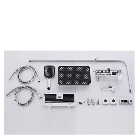 RIBEUJIZS Digital Shower System components including overhead shower, handheld shower, hoses, and wall mount accessories.