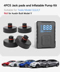 Portable Tire Inflator Kit For Tesla Featuring A Fast Charge Air Pump Four Heavy Duty Jack Pads and complete roadside tools, black jack pads and pump display.