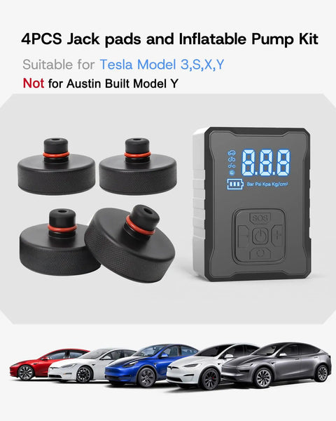 Portable Tire Inflator Kit For Tesla Featuring A Fast Charge Air Pump Four Heavy Duty Jack Pads and complete roadside tools, black jack pads and pump display.