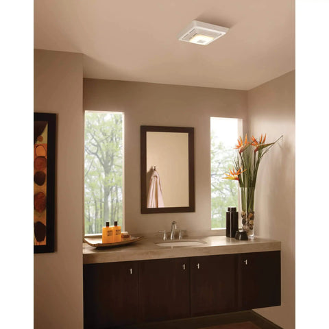 Modern bathroom with Bluetooth Speaker Bath Exhaust Grille Cover With LED Light For Bathroom Fans White Finish installed on ceiling.