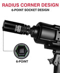 Deep 22 Millimeter 6 Point Impact Socket For One Half Inch Drive In Chromoly Steel attached to pneumatic tool, side view.