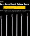 Set of 6pcs 6mm Shank Tungsten Carbide Rotary Burrs for Die Grinder with 10mm Head for metal and stone shaping.
