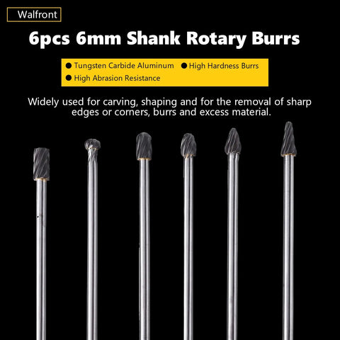 Set of 6pcs 6mm Shank Tungsten Carbide Rotary Burrs for Die Grinder with 10mm Head for metal and stone shaping.