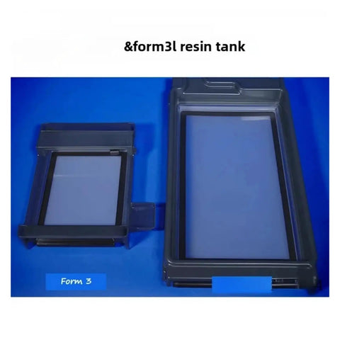 Premium Replacement Vat For Formlabs Form 3L Resin Tank, showing two sizes of resin tanks for comparison on blue background.