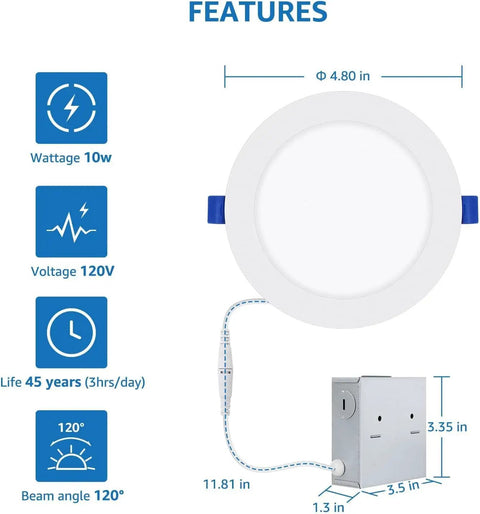 6 Pack 4 Inch Canless LED Recessed Lights With Junction Box display features, including 10W wattage, 120V voltage, and 120° beam angle.