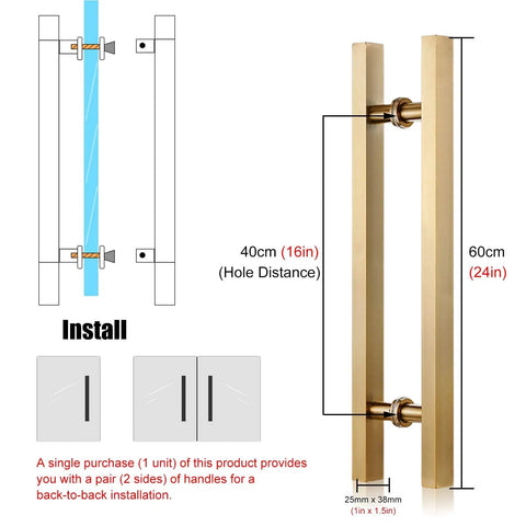 Door Pull Handle For Barn Sliding Doors Dope Modern Square H Shape Push Pull Handle In Gold Finish 60 Cm 24 Inch Durable Stainless Steel Construction Easy Install With Included Hardware