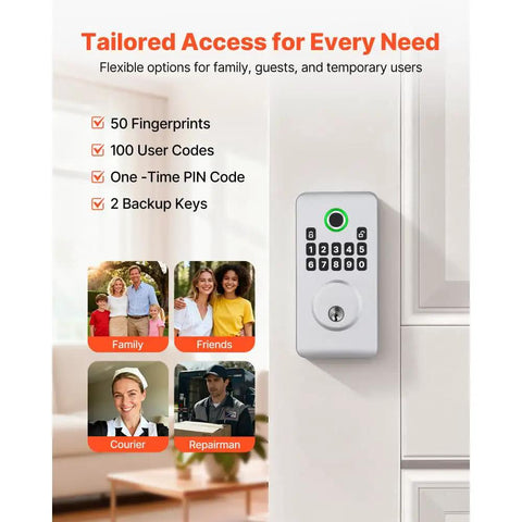 Hassle Free Fingerprint Door Lock With Silver Biometric Deadbolt And Auto Locking For Rapid Keyless Entry showing access options.