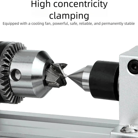 Heavy Duty 1200W Mini Metal Lathe Machine With High Speed Motor For Precision Woodworking And Metal Polishing Includes Cooling Fan And Robust Chuck Setup showcasing the chuck and point.
