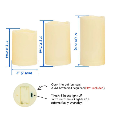 Set Of 3 Waterproof LED Flameless Pillar Candles With Timers For Outdoor Vibe 4 Inch 5 Inch And 6 Inch Tall with battery slot