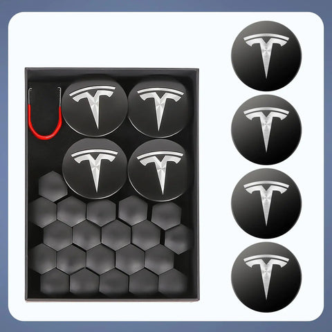 Tesla Wheel Center Caps Kit For Model 3 Y S X 4 Pcs Hub Cap Center Covers With 20 Lug Nut Covers And Removal Tool Matte Black Silver Logo ABS