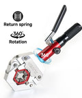 Manual AC Hose Crimper Kit With Pipe Cutter And Seven Dies showing 360° swivel head and return spring.