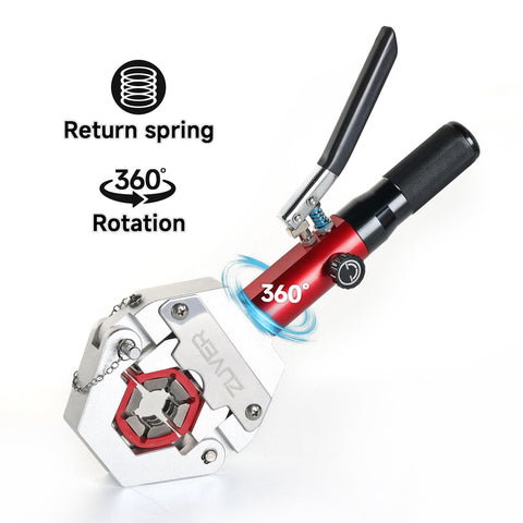 Manual AC Hose Crimper Kit With Pipe Cutter And Seven Dies showing 360° swivel head and return spring.