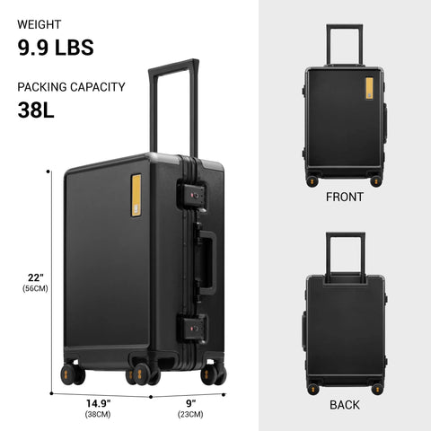 LEVEL8 zipperless 20-inch carry-on suitcase, black hard-shell with aluminum frame and spinner wheels; front, back, and side views.