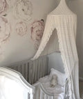 Tot Friendly Cozy Kids Bed Canopy With Lace Chiffon Netting And Pom Poms Dreamy Princess Fairy Tent for nursery crib.
