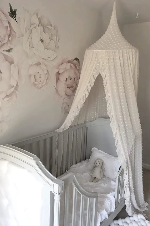 Tot Friendly Cozy Kids Bed Canopy With Lace Chiffon Netting And Pom Poms Dreamy Princess Fairy Tent for nursery crib.