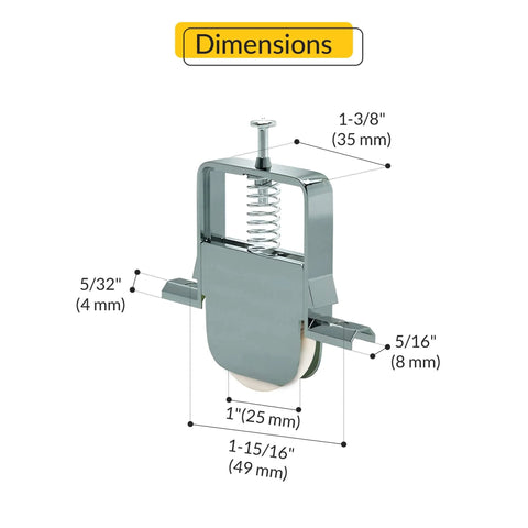 Patio Door Wheel Kit With One Inch White Nylon Wheel For Screen Doors, Steel Frame, Dimension Details, Rust Resistant Build