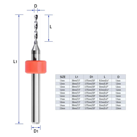 10 Pcs PCB Drill Bit Set With One Eighth Inch Shank Micro Twist Carbide Bits 1.1mm To 2.0mm with size chart