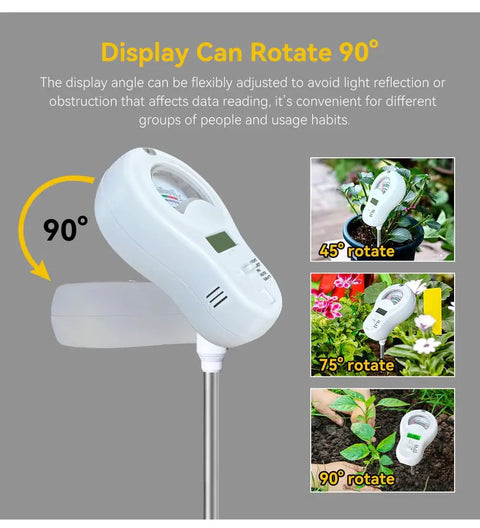 All In One Garden Sensor With Removable Probe For Soil Moisture And PH Testing Plus Fertility, Sunlight Intensity, Temperature And Humidity Readouts displayed rotating 90 degrees in garden settings