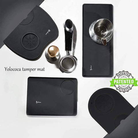Top view of black espresso tamper mats with portafilter, showcasing Espresso Tamper Mat Non Slip Food Grade Silicone Pad For Tamping Station Barista Accessory 5 Inch By 12 Inch Easy Clean Mess Free Durable Dishwasher Safe Countertop Protector Coffee Pad.