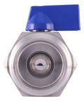 Front view of Mini Ball Valve Three Quarter Inch Stainless Steel 304 Reduced Port 1000 PSI with blue handle, male NPT threads.