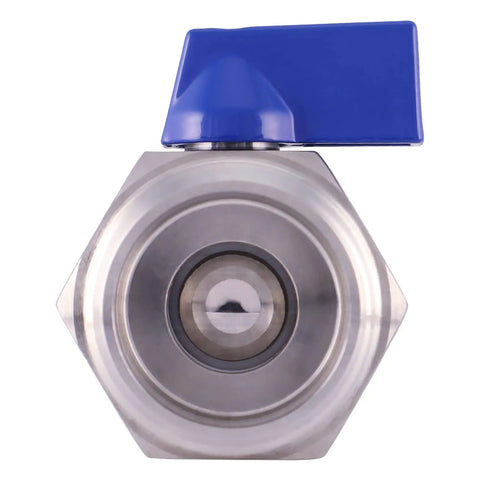 Front view of Mini Ball Valve Three Quarter Inch Stainless Steel 304 Reduced Port 1000 PSI with blue handle, male NPT threads.