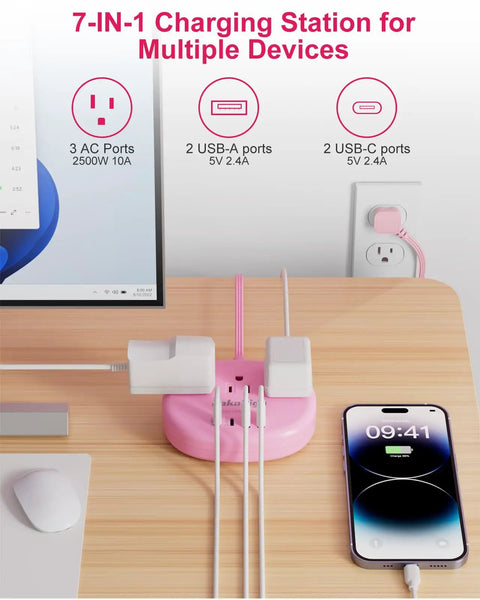 Total Game Winning Pink Extension Cord With Usb C Power Strip Five Foot Smart Charging Hub on a desk with multiple devices connected.