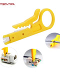 Compact Pass Through Ethernet Crimp Tool Kit with wire cutter and stripper showing yellow wire stripper and CAT6 connections